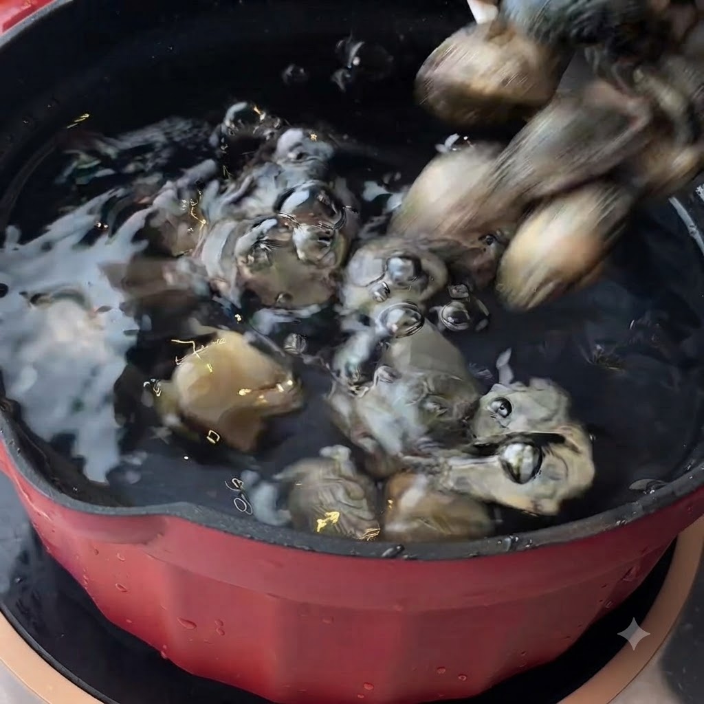 Muscheln werden in einen roten Topf mit kochendem Wasser gegeben.