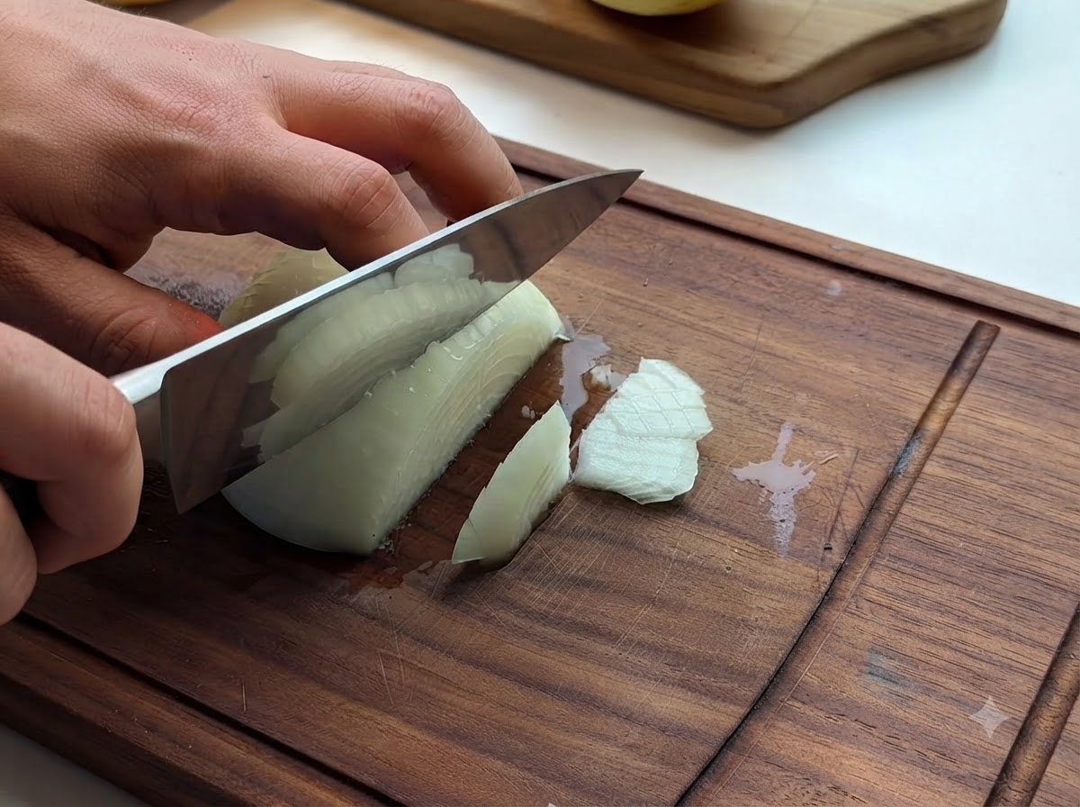Eine Zwiebel wird auf einem Holzschneidebrett mit einem Messer gewürfelt.