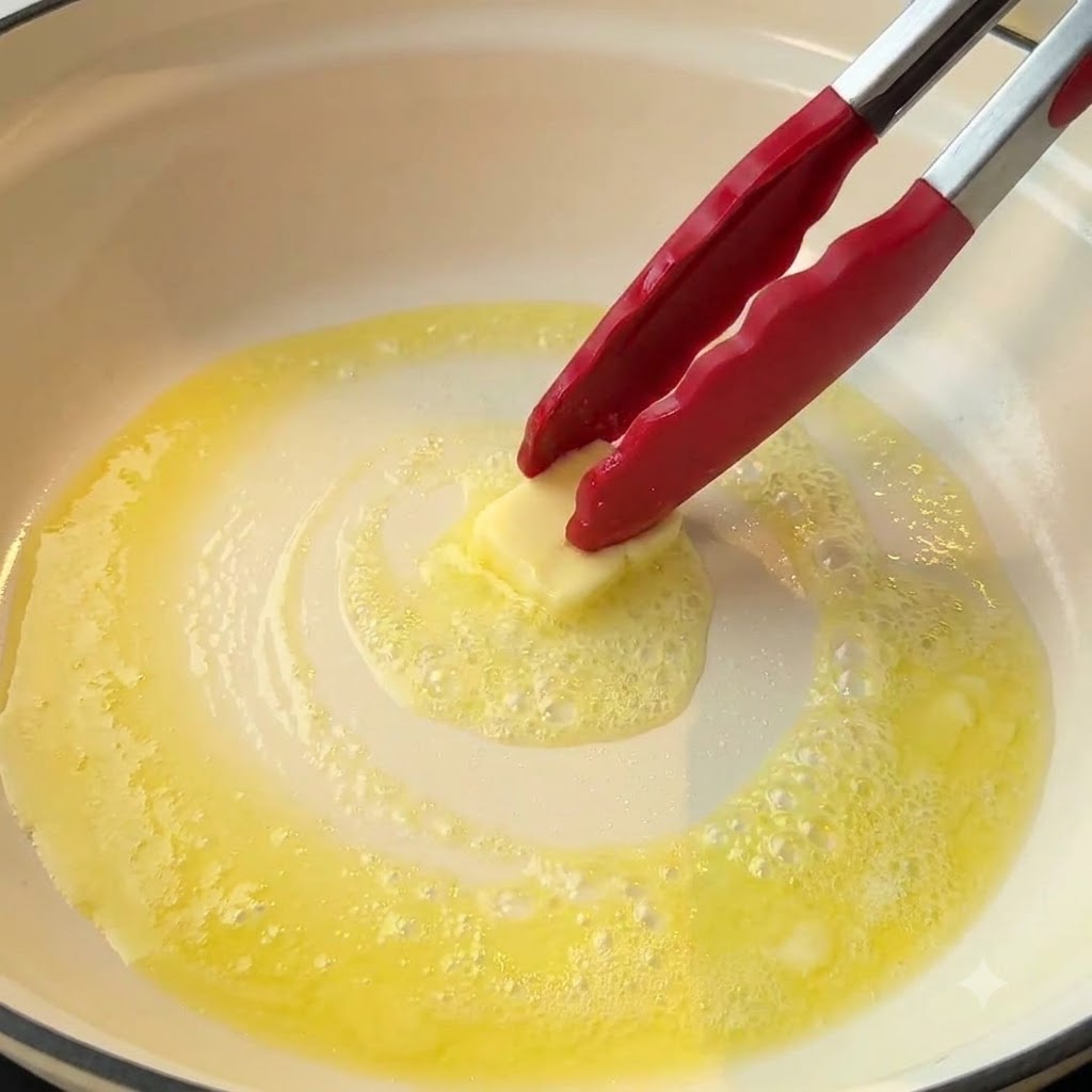 Ein Stück Butter schmilzt in einer heißen Pfanne und wird mit einer roten Zange umgerührt.