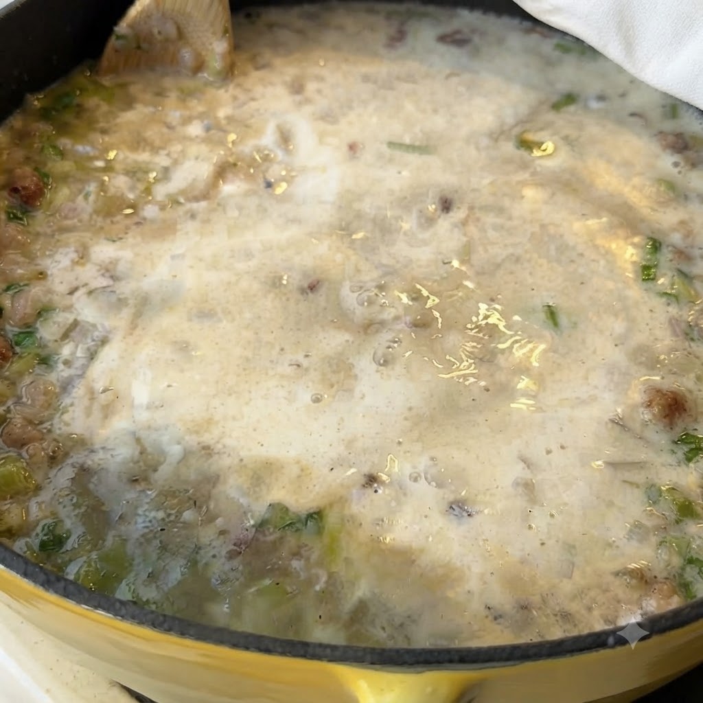Muscheln werden in den Topf mit cremiger Suppe gerührt.