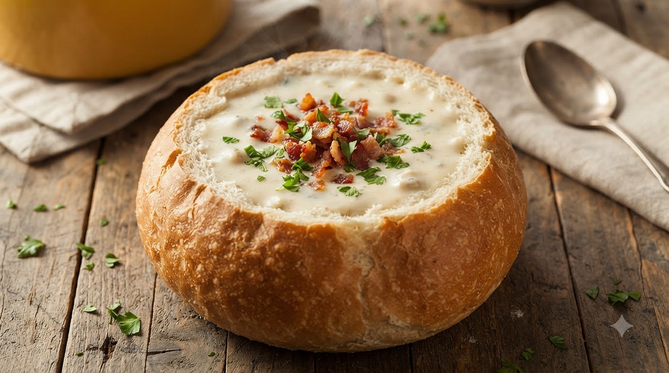 Klassische amerikanische Clam Chowder im Brotlaib
