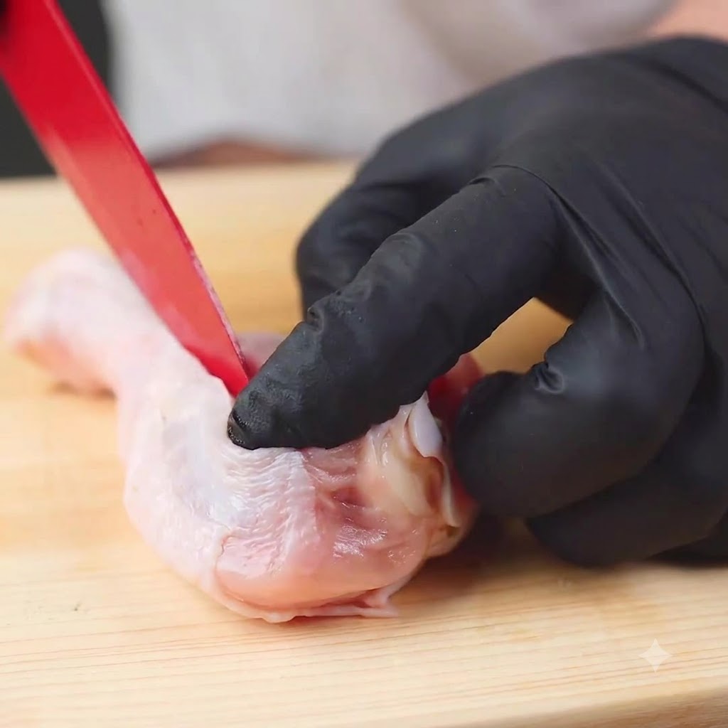 Ein kleines Messer trennt sorgfältig Fleisch vom Knochen einer rohen Hähnchenkeule auf einem Holzbrett.