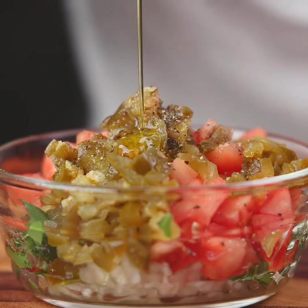 Olivenöl wird über eine frisch gemischte Schüssel mit gewürfelten Tomaten, Zwiebeln und Chilis gegossen.