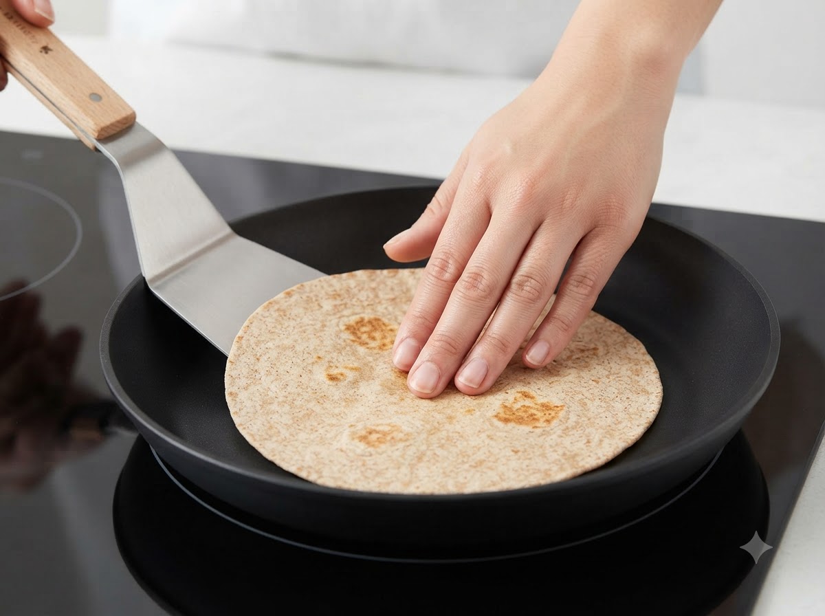 Eine Hand drückt mit einem Pfannenwender auf eine Weizentortilla, die in einer flachen schwarzen Pfanne erwärmt wird.