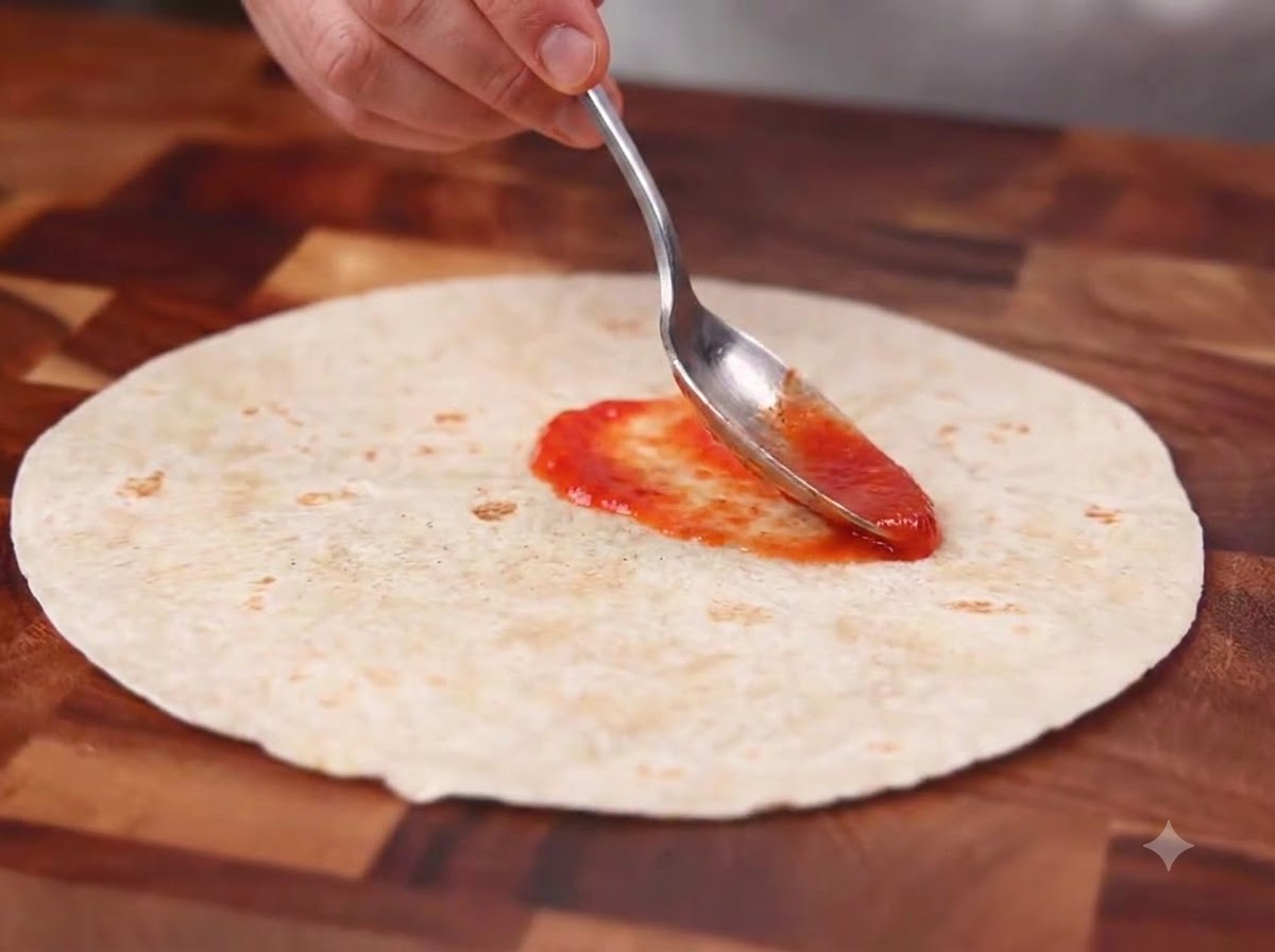 Ein Löffel mexikanische Chilisauce wird gleichmäßig auf einer flachen Weizentortilla auf einem Holzschneidebrett verteilt.