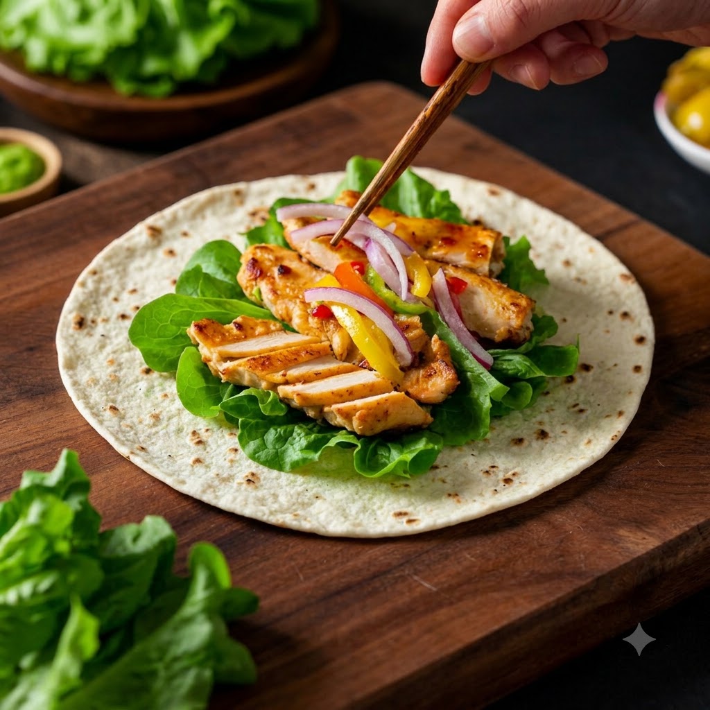 Schichten von Salat, gekochtem Hähnchen und gebratenem Gemüse auf einer Mehl-Tortilla auf einem Holzbrett.