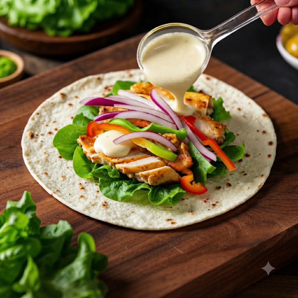 Salatdressing wird mit einem Löffel auf die Hähnchen-Gemüse-Füllung einer Tortilla gegeben.