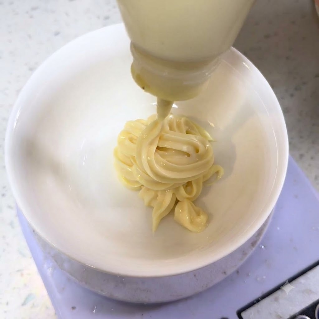 Mayonnaise wird aus einer Flasche in eine weiße Schüssel auf einer Digitalwaage gedrückt, um die Soße zu mischen.