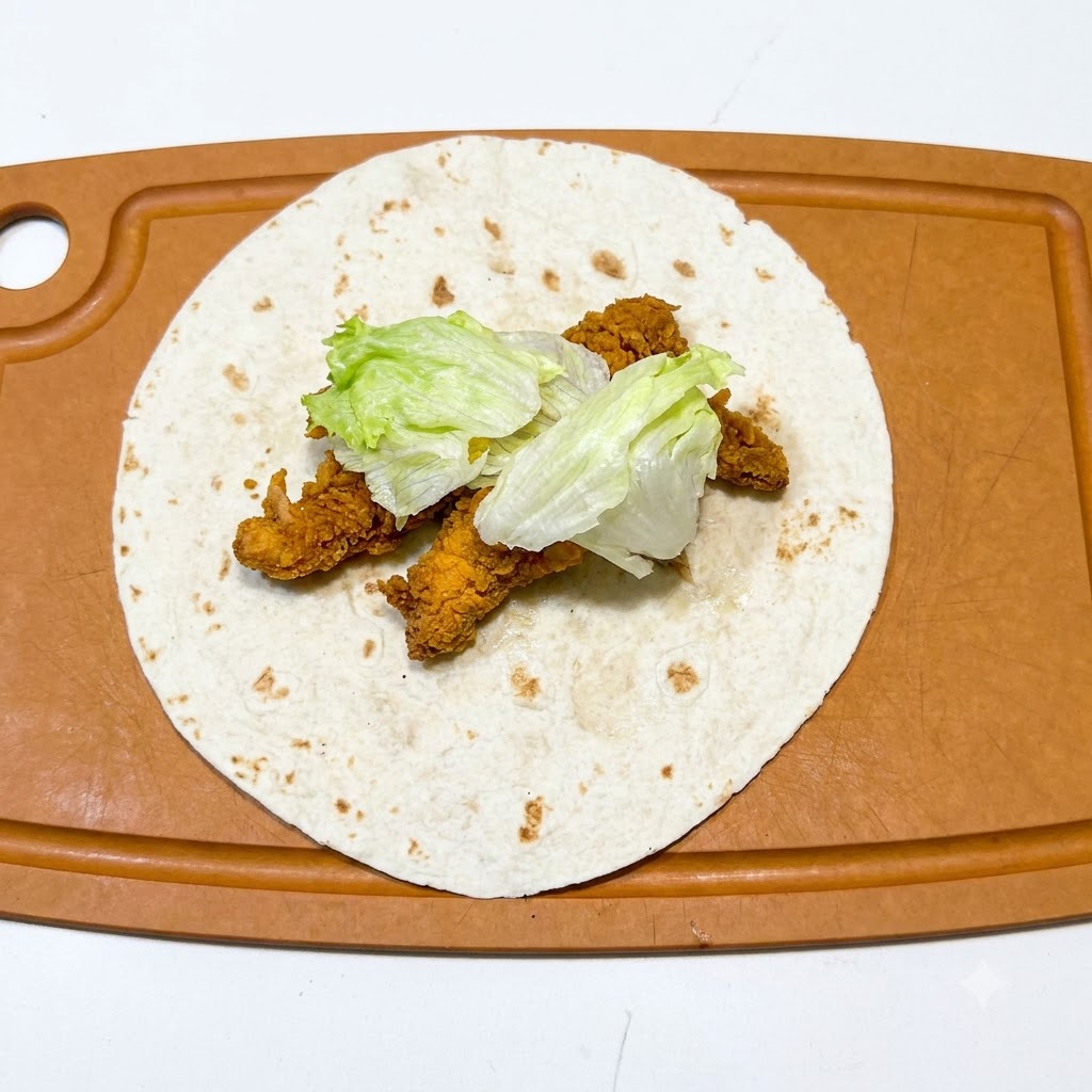 Eine Tortilla auf einem Schneidebrett, belegt mit gekochten Hähnchenstreifen und frisch geschnittenen grünen Salatblättern.
