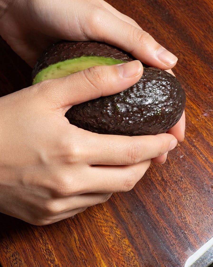 Hände halten eine reife Avocado, die auf einem Holzschneidebrett in der Mitte halbiert wurde.