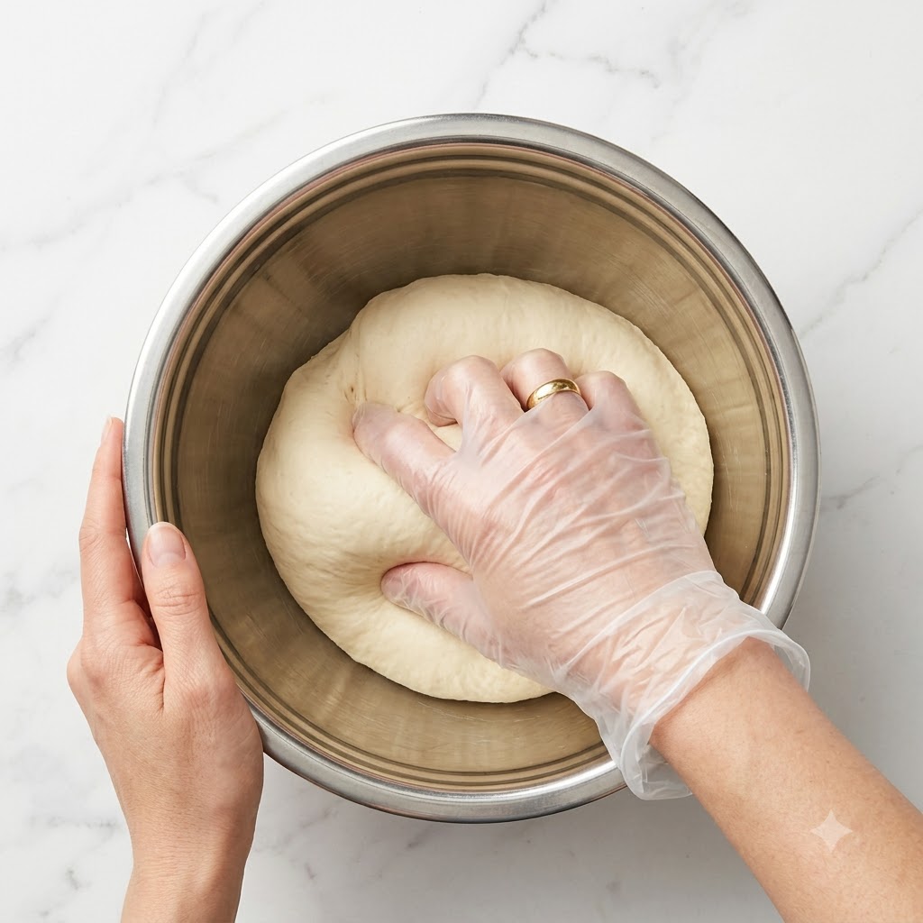 Eine handgeschuhte Hand knetet Teig in einer Rührschüssel aus Edelstahl.