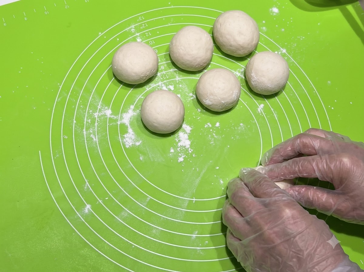 Kleine runde Teigbälle auf einer grünen Silikonmatte neben einer ruhenden Hand.