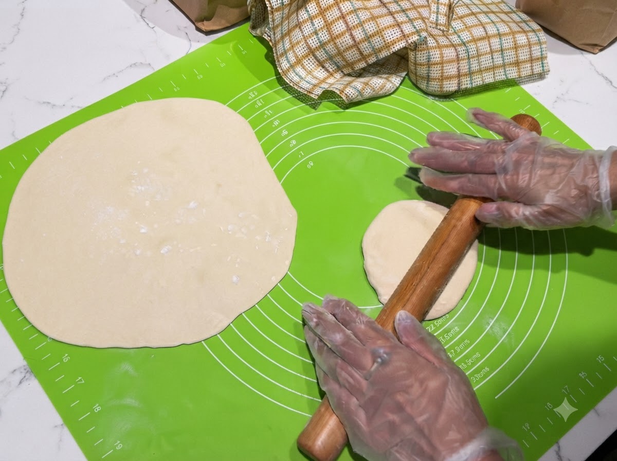Ein Nudelholz plättet eine Teigportion auf einer grünen Silikonmatte neben einem ausgerollten Wrap.