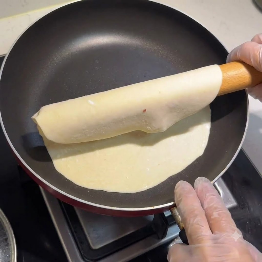 Ein ausgerollter Teig-Wrap wird mit einem Nudelholz und behandschuhten Händen in eine trockene Bratpfanne gelegt.