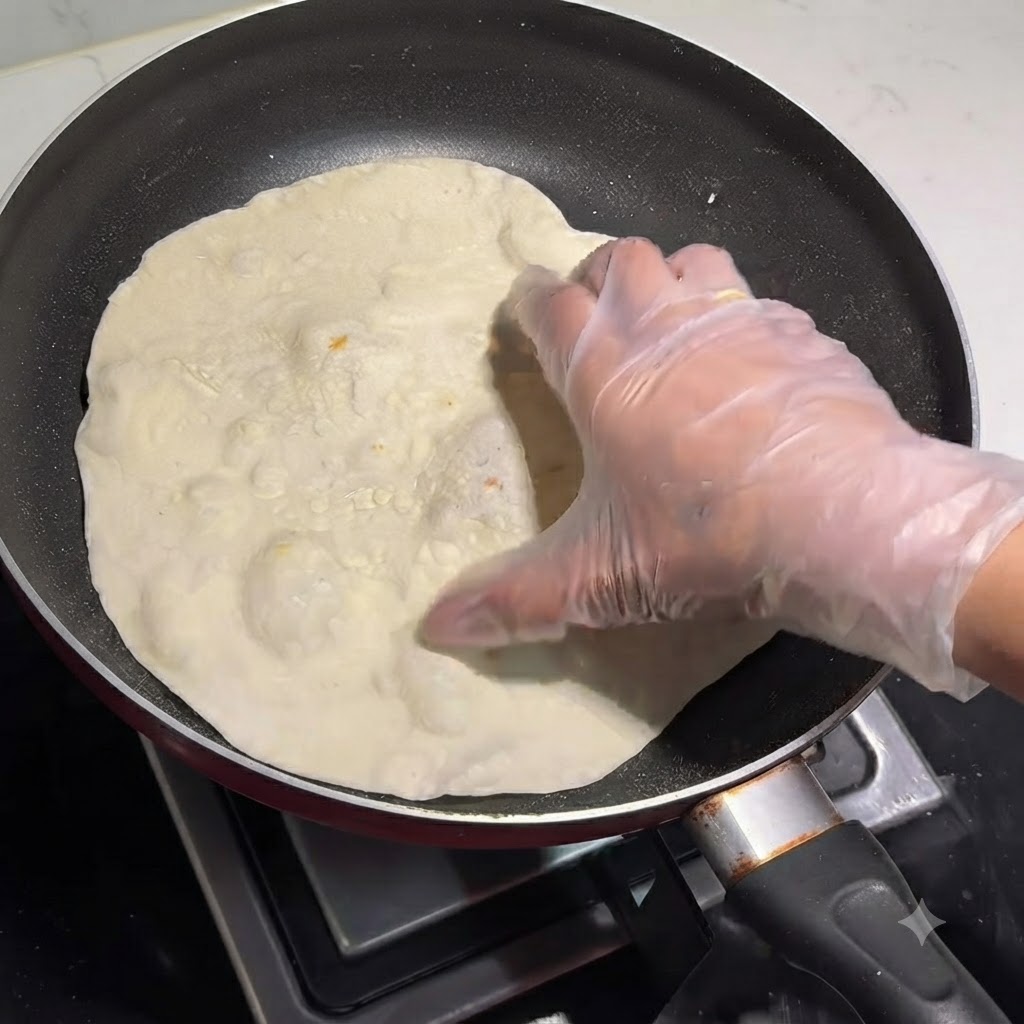 Eine behandschuhte Hand drückt auf ein aufgehendes Fladenbrot in einer trockenen Bratpfanne.