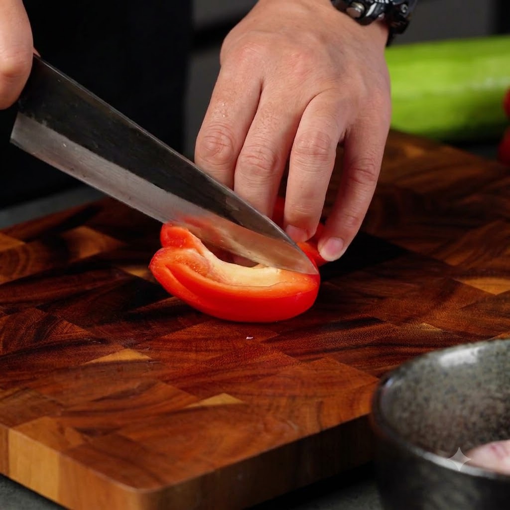 Ein Messer schneidet durch eine rote Paprika auf einem Holzschnittbrett.
