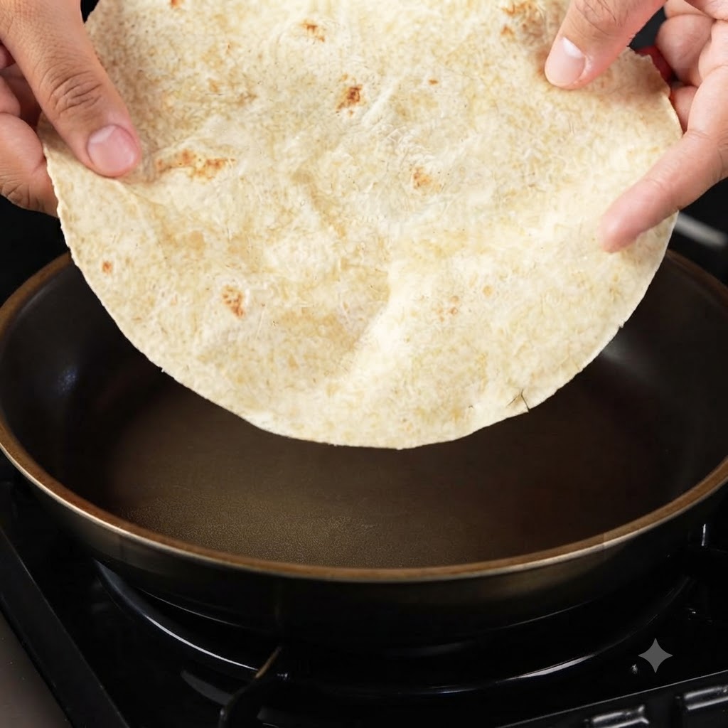 Eine Vollkorn-Tortilla wird über eine trockene Antihaft-Bratpfanne gehalten und hineingelegt.