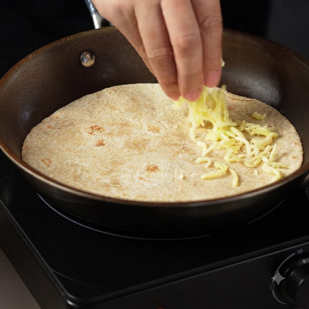 Geriebener Mozzarella-Käse wird auf eine Hälfte der Tortilla in einer Pfanne gestreut.