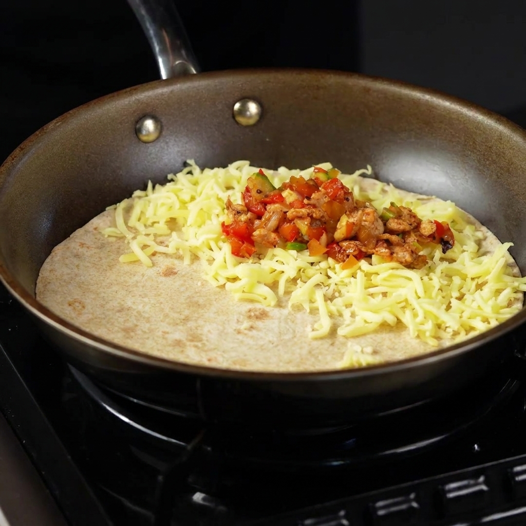 Gekochte Hähnchen- und Gemüsefüllung wird auf die Schicht aus geriebenem Käse auf der Tortilla gelöffelt.