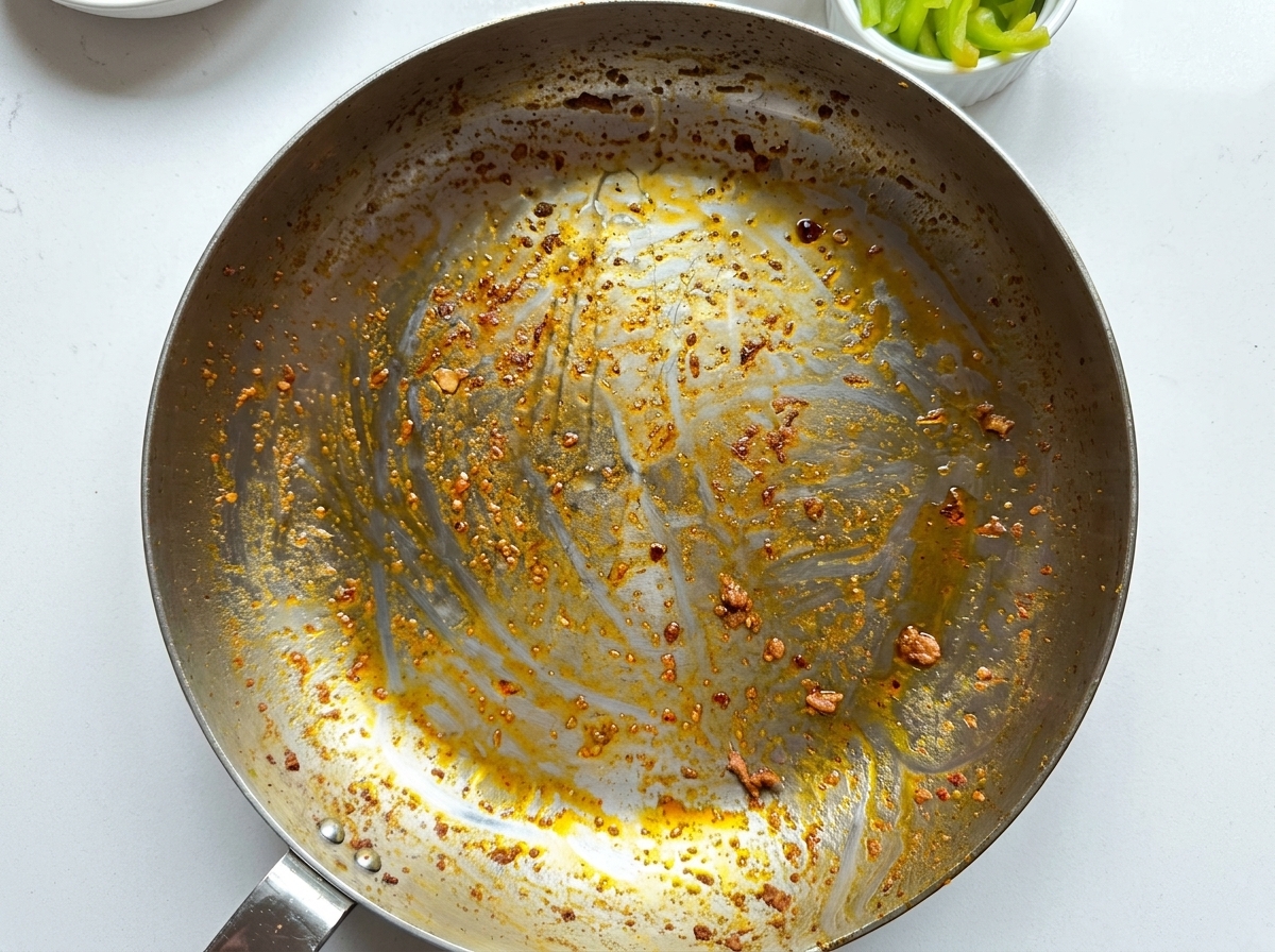 Leere Pfanne mit Bratensatz und verteilter Flüssigwürze am Boden.