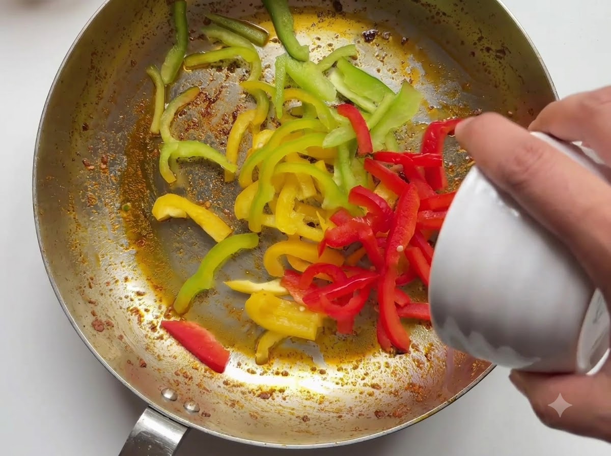 Rote und grüne Paprikastreifen sowie rote Zwiebeln werden aus einer kleinen Schüssel in die Pfanne geschüttet.
