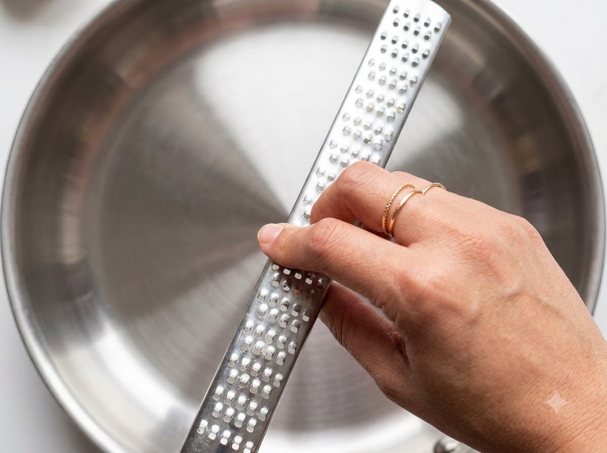 Eine Metallreibe wird während der Knoblauchzubereitung über eine Edelstahlpfanne gehalten.