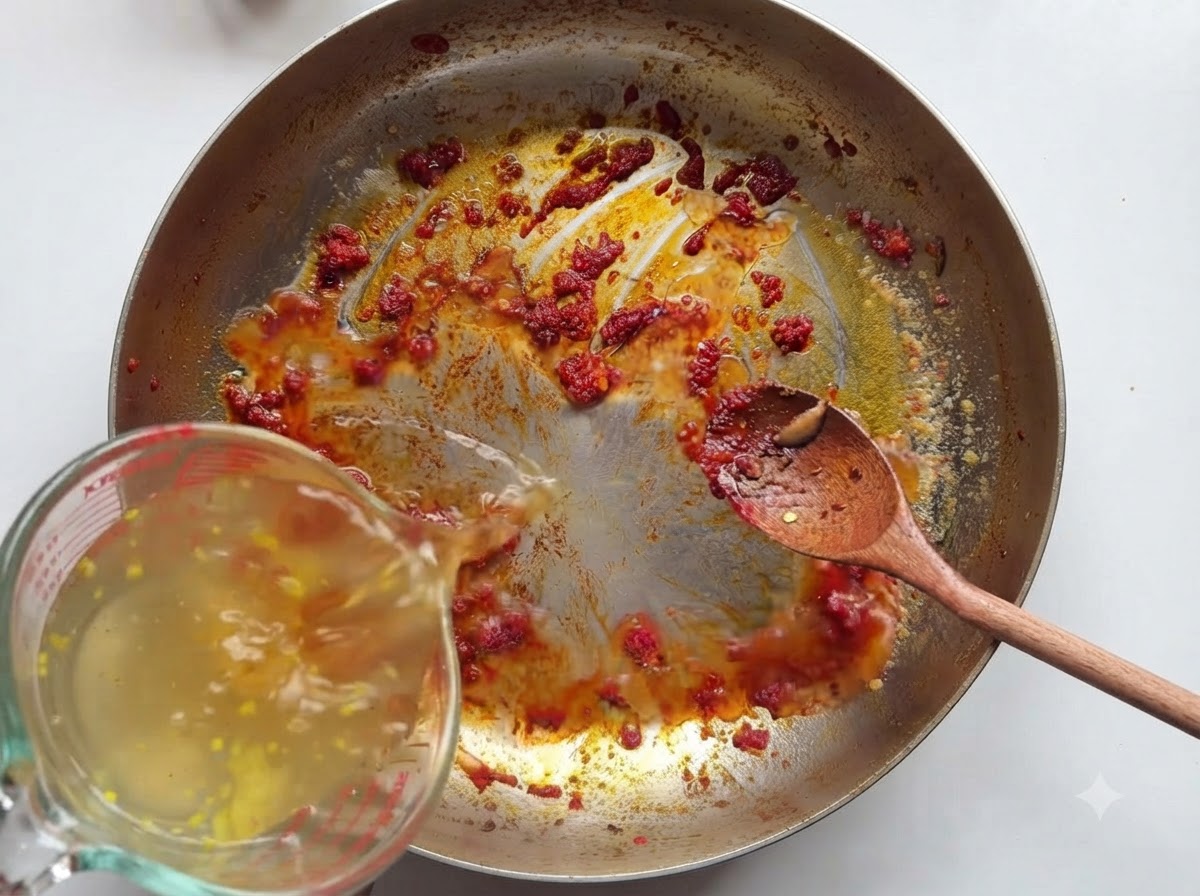 Hühnerbrühe wird aus einem Messbecher in eine Pfanne mit Tomatenmark und Gewürzen gegossen, während mit einem Holzlöffel gerührt wird.