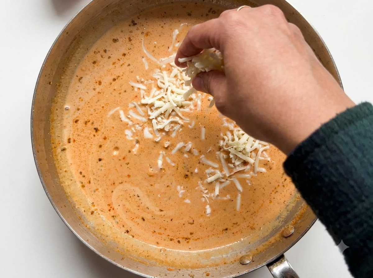 Eine cremige orangenfarbene Sauce köchelt in einer Metallpfanne mit feinen Bläschen an der Oberfläche.