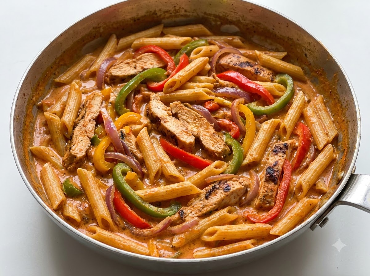 Gekochte Penne-Pasta vermischt mit angebratenen Paprikaschoten, Zwiebeln und Hähnchenstreifen in einer cremigen Sauce in einer Pfanne.