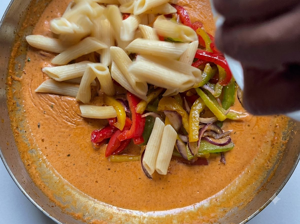 Gekochte Penne-Pasta wird aus einem Behälter in eine mit cremiger Orangensauce und geschnittenem Gemüse gefüllte Pfanne geschüttet.