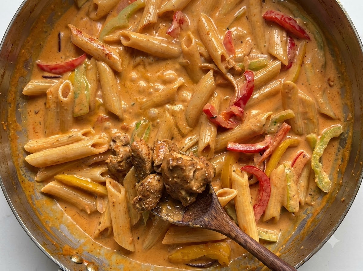 Gekochte Hähnchenstücke werden mit einem Holzlöffel aufgenommen und in eine Pfanne mit cremiger Pasta und Gemüse gegeben.