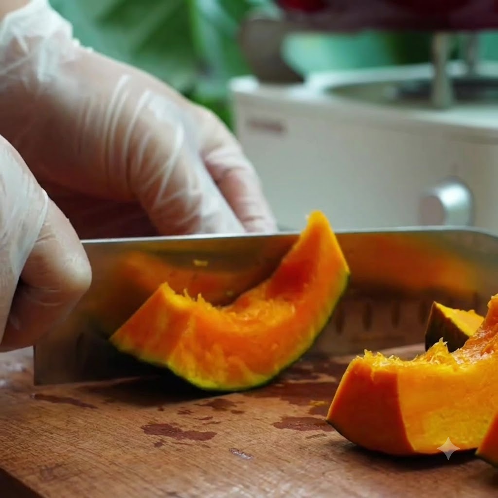 Ein Messer schneidet ein Stück orangen Kürbis auf einem hölzernen Schneidebrett.