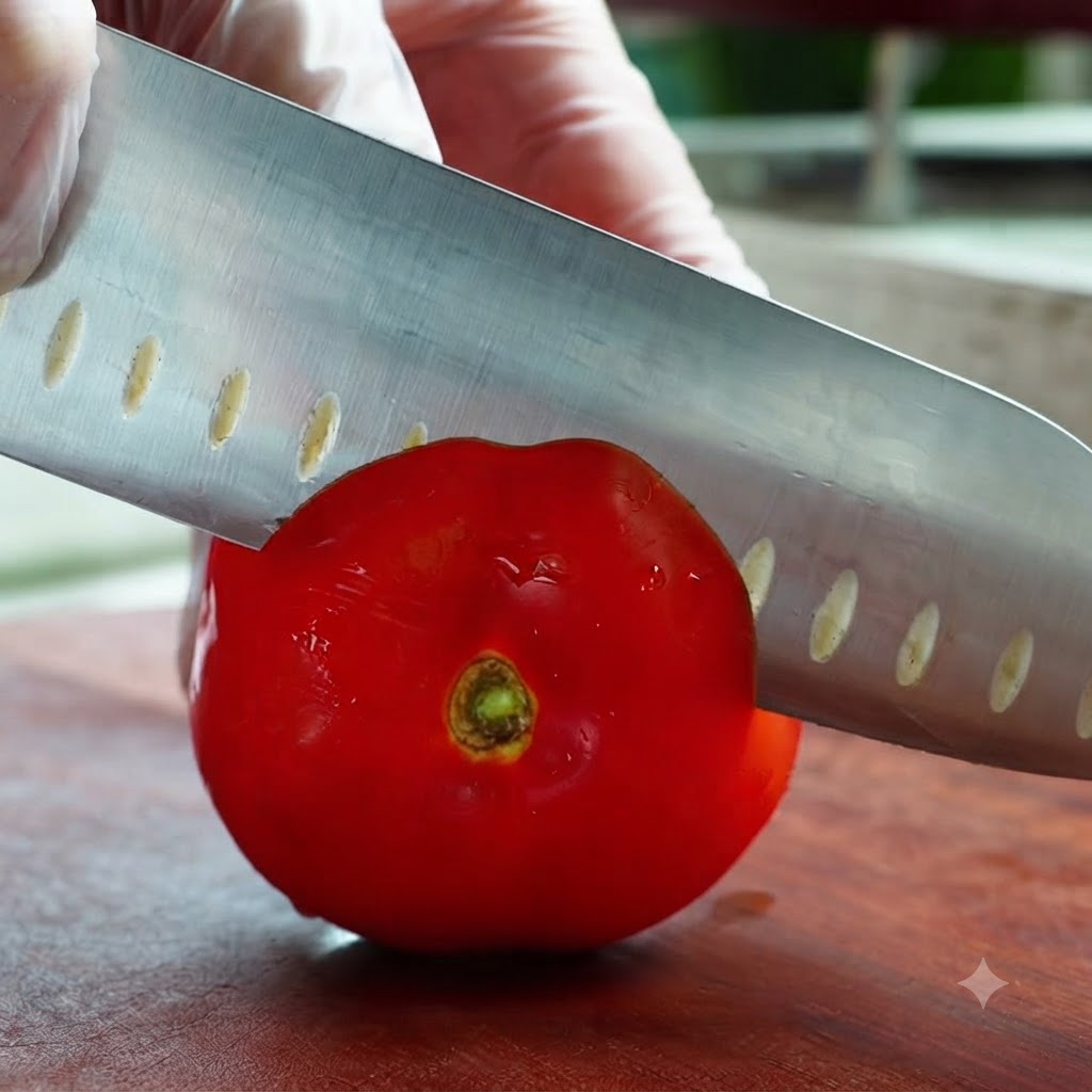 Ein scharfes Kochmesser schneidet in eine frische rote Tomate auf einem Holzbrett.