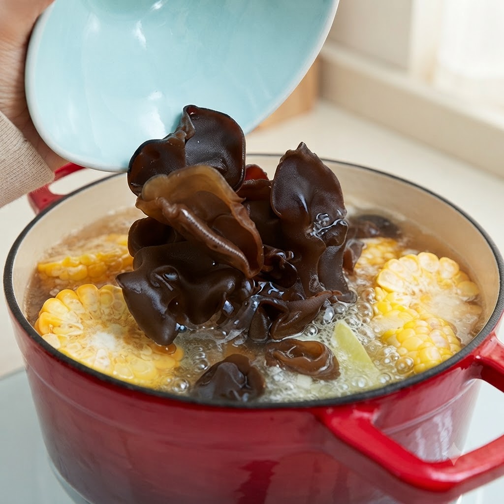 Schwarze Mu-Err-Pilze werden aus einer hellblauen Schüssel in einen kochenden Topf mit Gemüsebrühe gegeben.