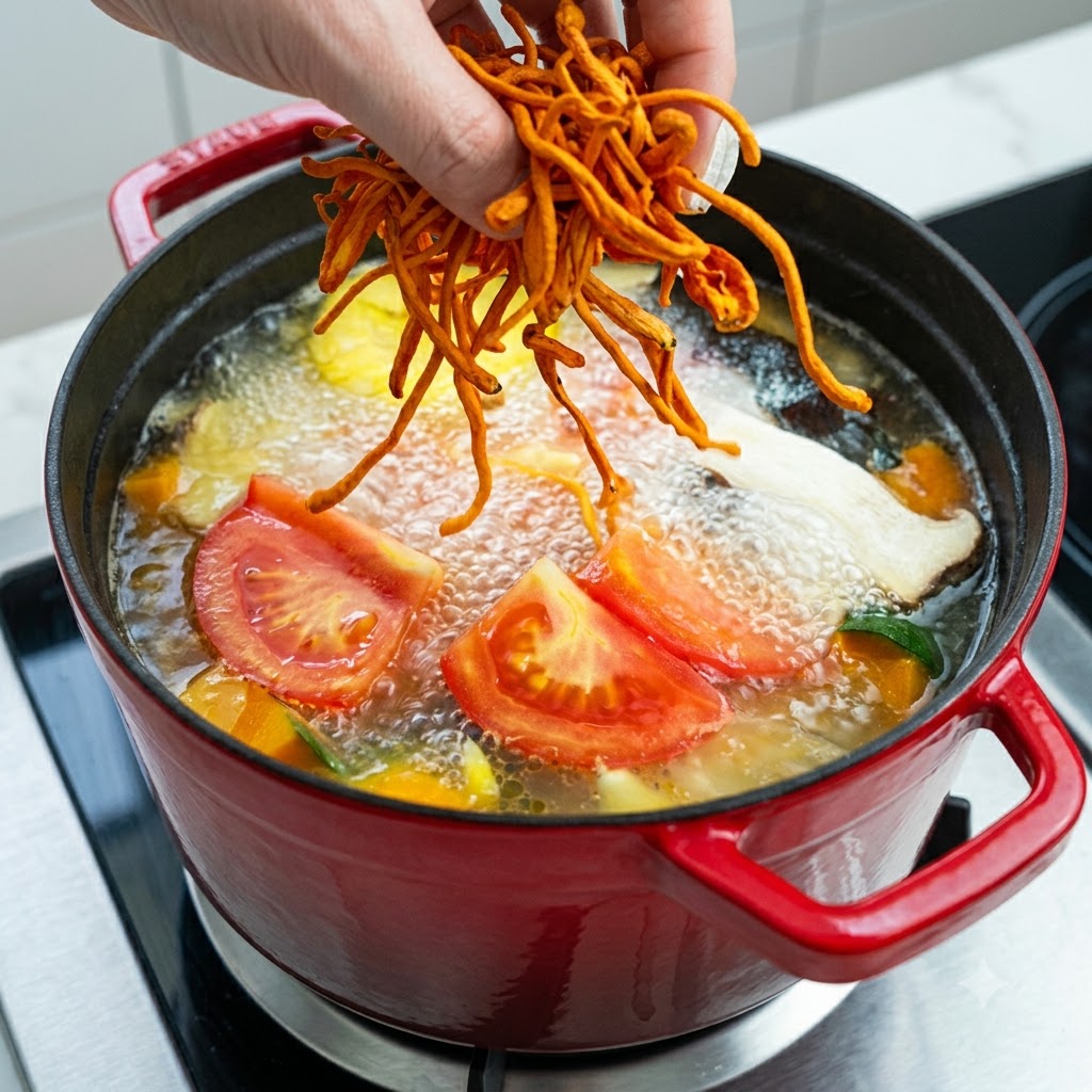 Leuchtend orangefarbene Cordyceps-militaris-Pilze werden in die kochende Gemüsesuppe geworfen.