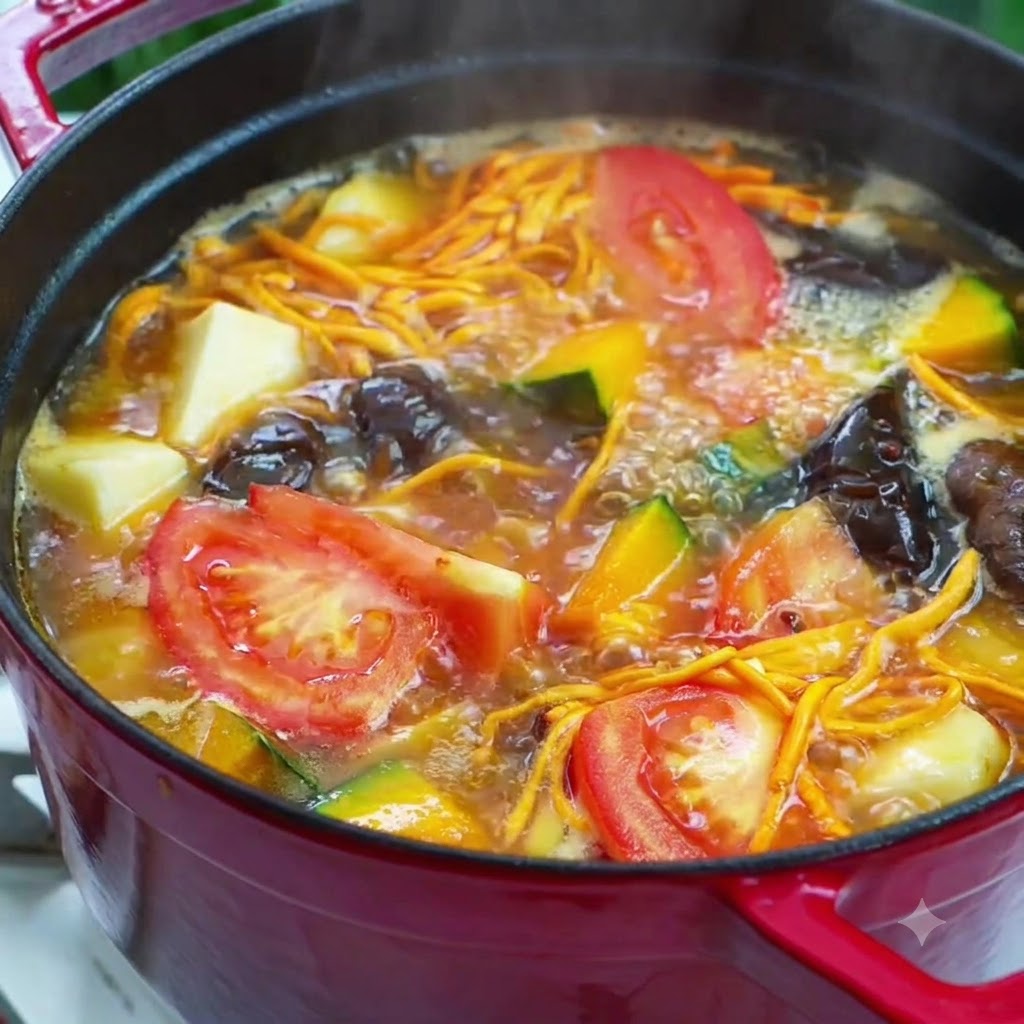 Nahaufnahme von Gewürzen, die in einen lebhaft kochenden Topf mit vegetarischer Suppe gestreut werden.