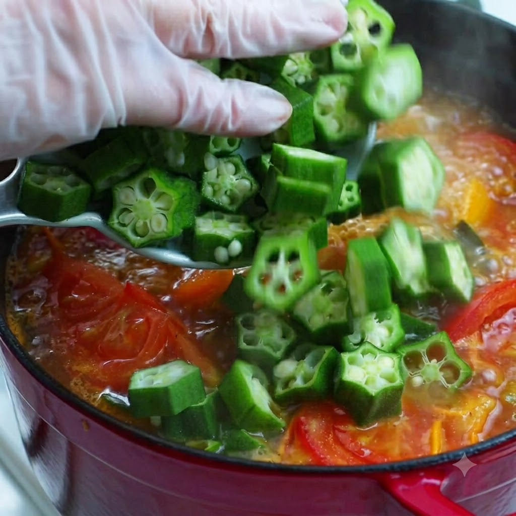 Hände mit Handschuhen geben frisch geschnittene grüne Okra in einen lebhaft kochenden Suppentopf mit Tomaten.