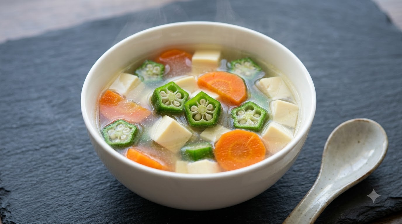 Weiße Jade Suppe mit Okra, Karotten und Tofu
