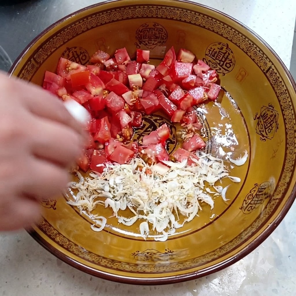 Gewürfelte Tomaten und getrocknete Garnelen in einer Schüssel werden mit Salz und Zucker gewürzt.