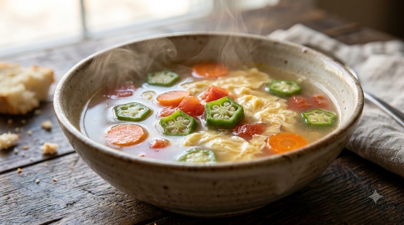 Okra-Tomaten-Suppe mit Eierstreifen