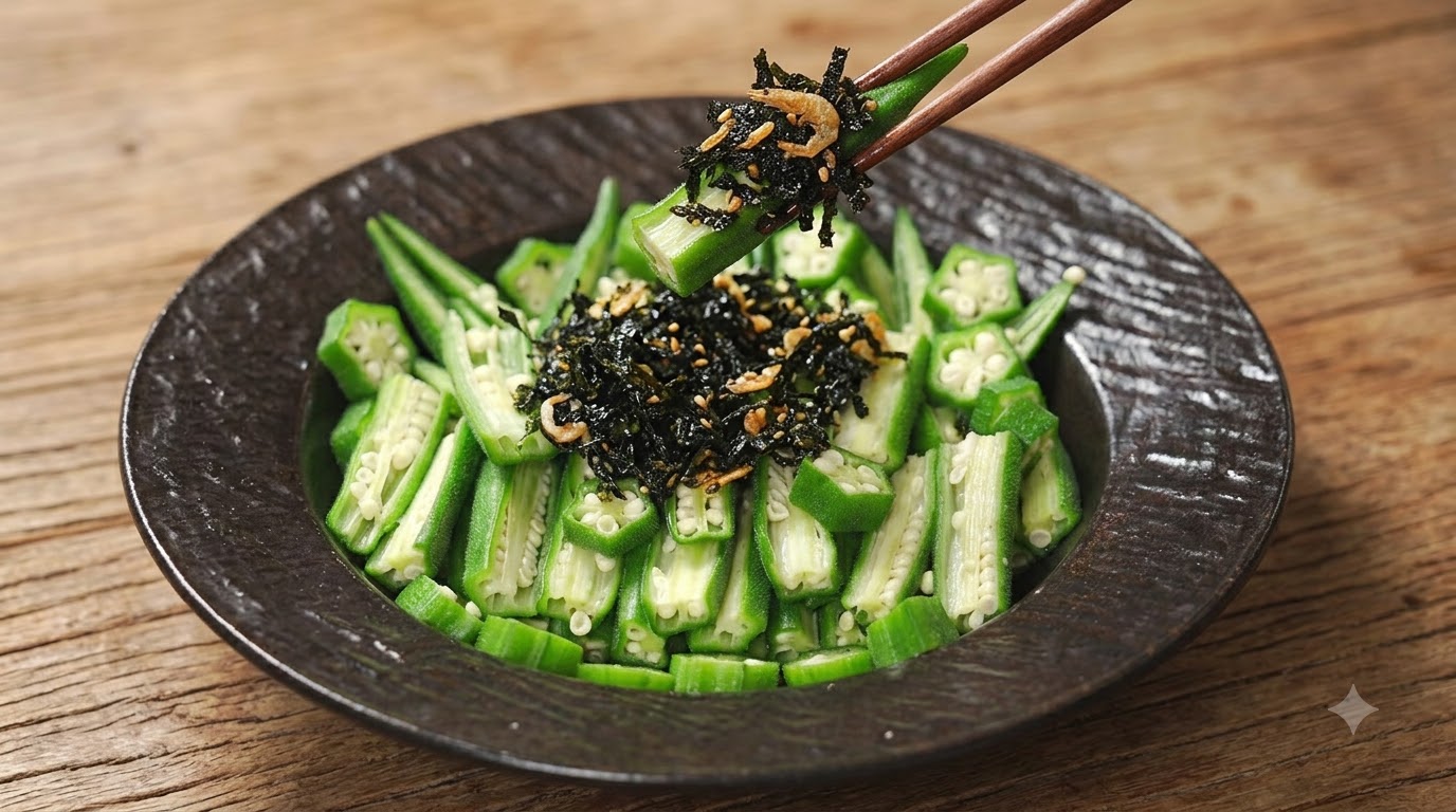 Kalter Okraschoten-Salat mit knusprigem Algen-Zitronen-Dressing