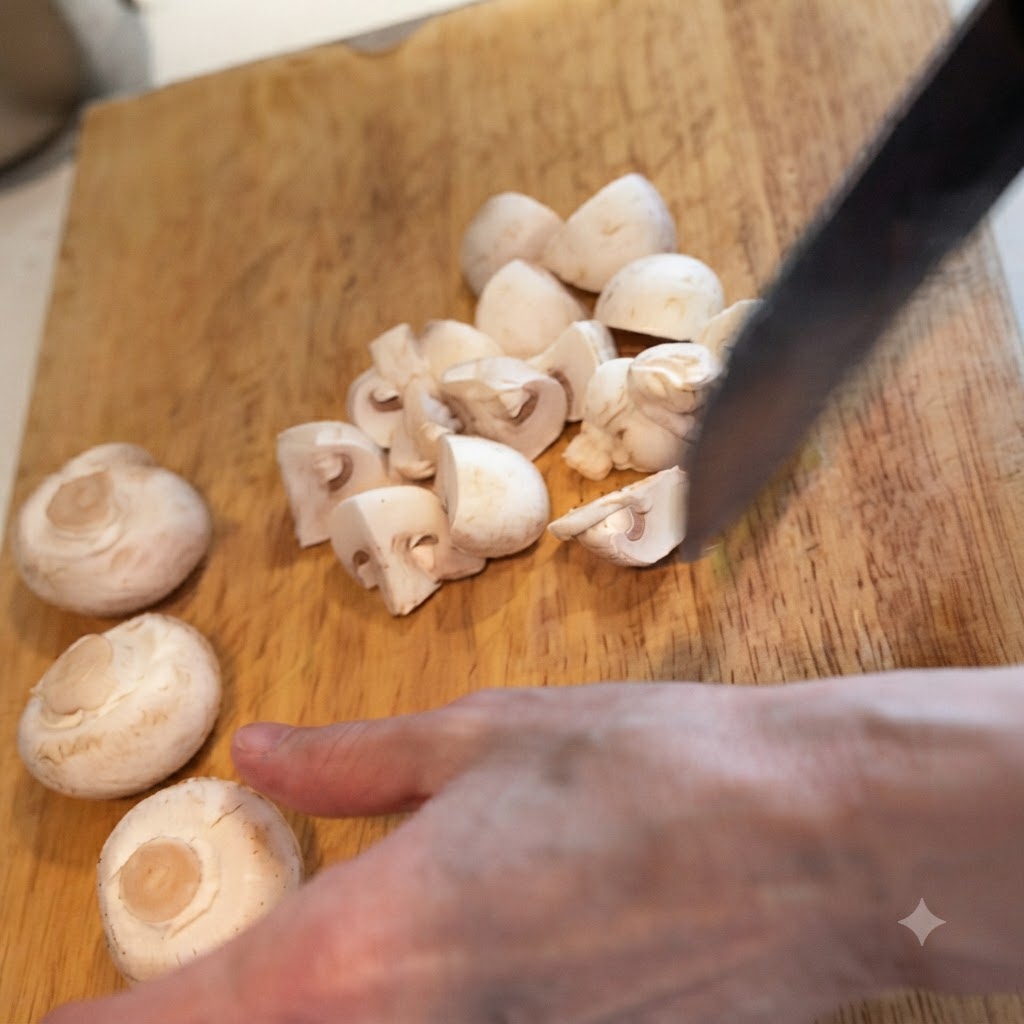 Speckscheiben werden mit einem scharfen Messer auf einem Holzschneidebrett in kleinere Stücke geschnitten.