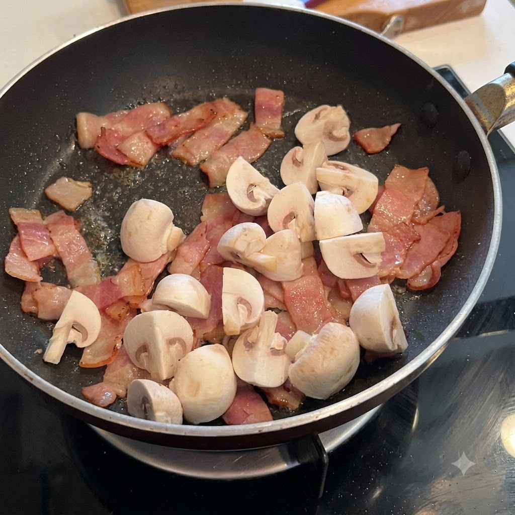 Champignonstücke vermischt mit Speck in einer Pfanne, gewürzt mit schwarzem Pfeffer und Salz.