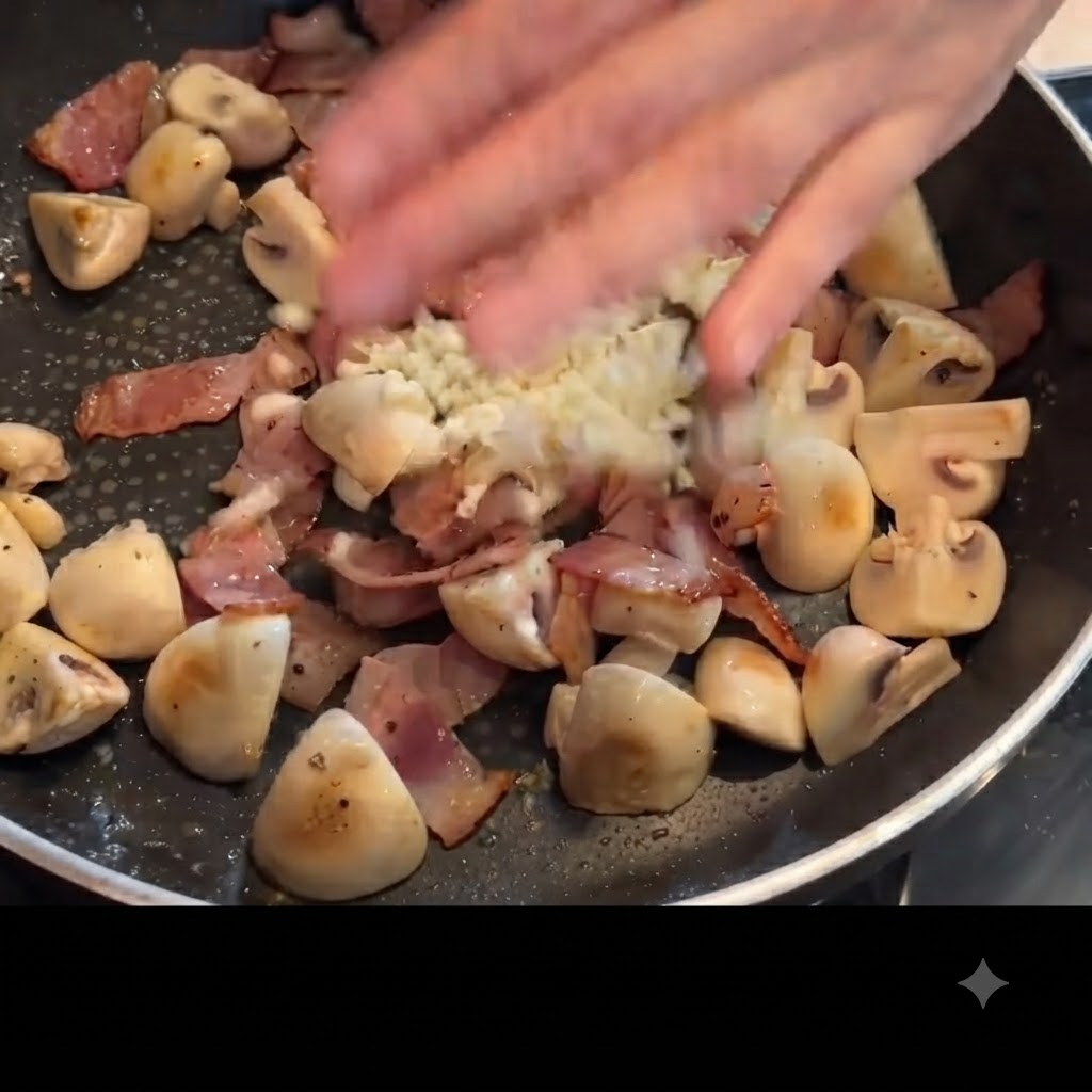 Frischer gehackter Knoblauch wird auf die Pilz-Speck-Mischung in der Bratpfanne gegeben.
