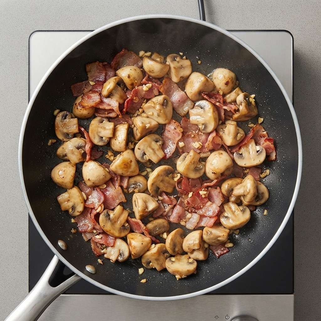 Reiche Schlagsahne und Weißwein werden über die angebratenen Pilze und den Speck in eine Pfanne gegossen.