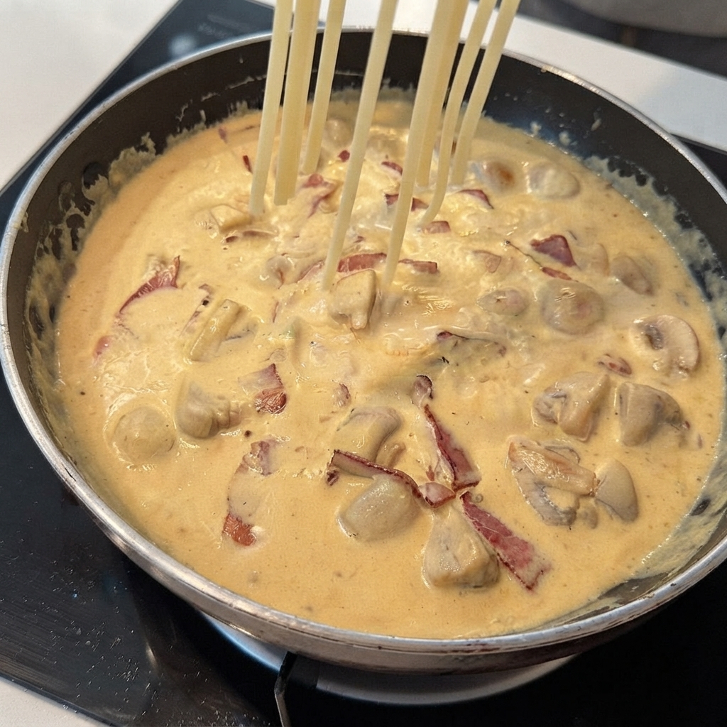 Frisch gekochte Spaghetti werden in eine Pfanne mit blubbernder Sahnesoße gegeben.