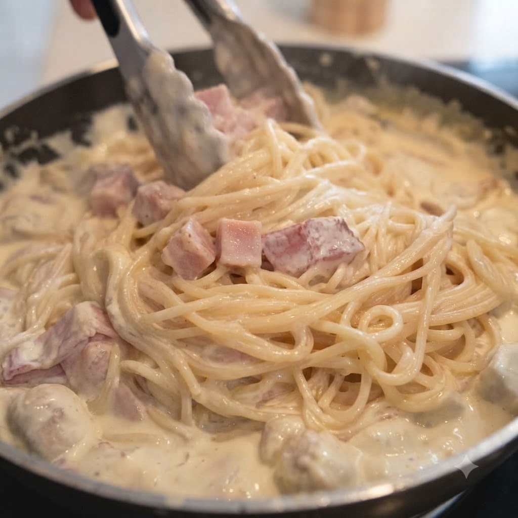 Spaghetti und cremige Soße werden mit einer Küchenzange in einer Pfanne vermischt.