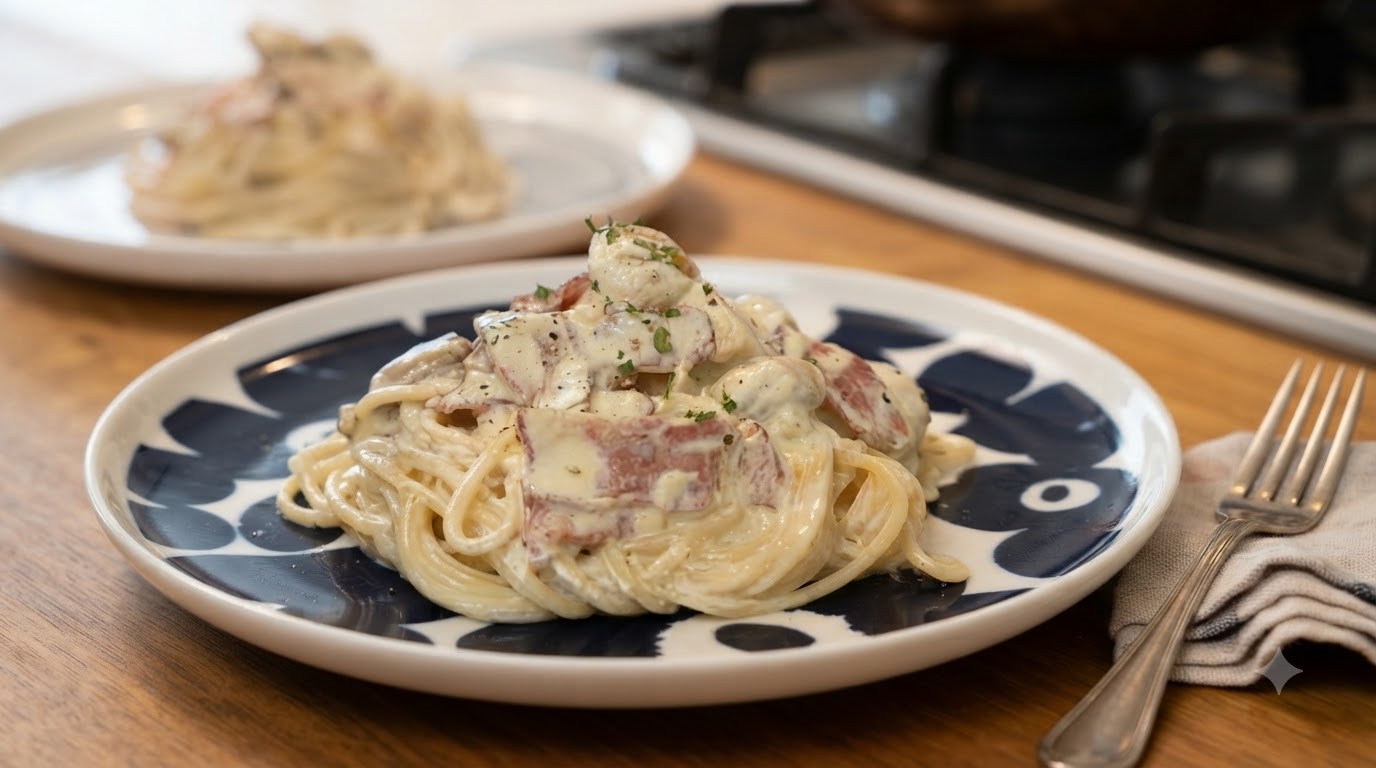 Klassische Pilz-Speck-Cremepasta