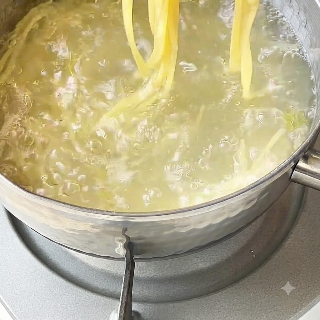 Gekochte Spaghetti werden mit Küchenzange mit kaltem Wasser abgespült.