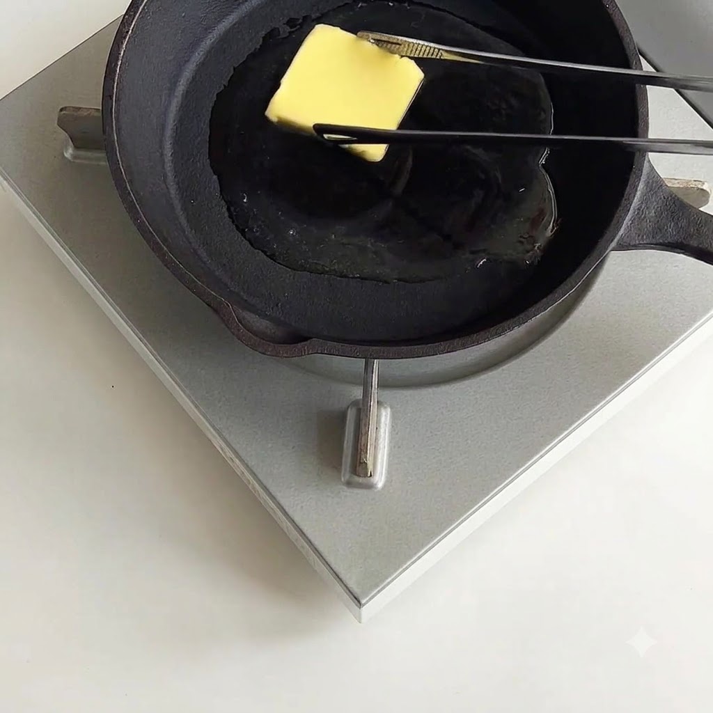 Butter schmilzt in einer heißen Gusseisenpfanne.